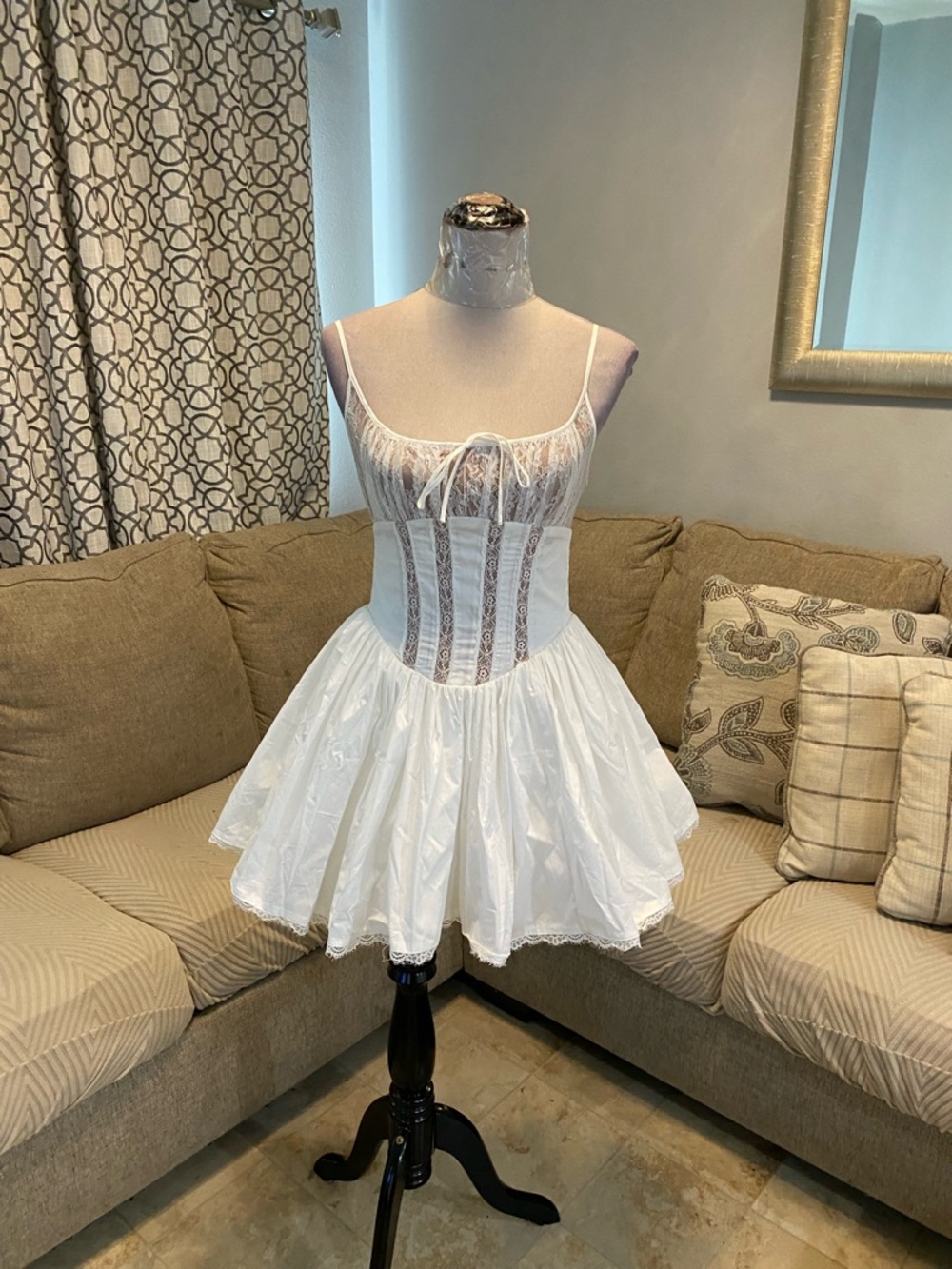 New Windsor white Women Small cotton corset mini dress,sheer lace bodice flared